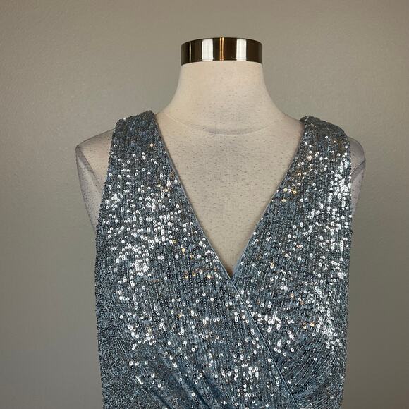 Eliza J Blue Sequined Cocktail Dress Size 16 Sleeveless V-Neck Mini Sheath - Picture 7 of 13